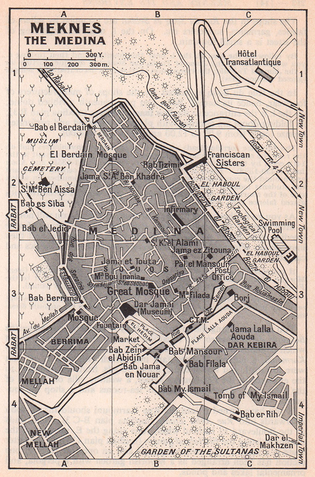 Meknes - the Medina vintage town city tourist plan. Morocco 1966 old map